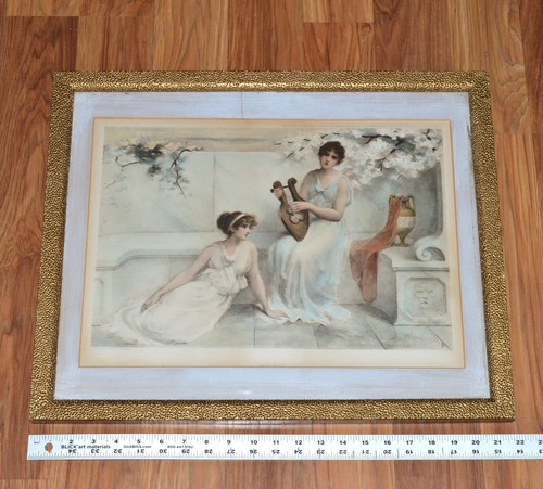 Antique Hand Painted Litho / Print - Women Playing Lyre - Framed Art Nouveau - Picture 2 of 7