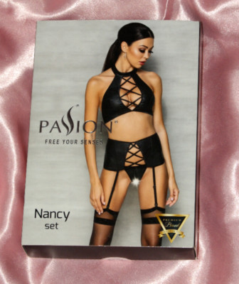 PASSION Nancy Set ouvert BH Riemchen Strapse Wetlook Lederoptik schwarz S/M