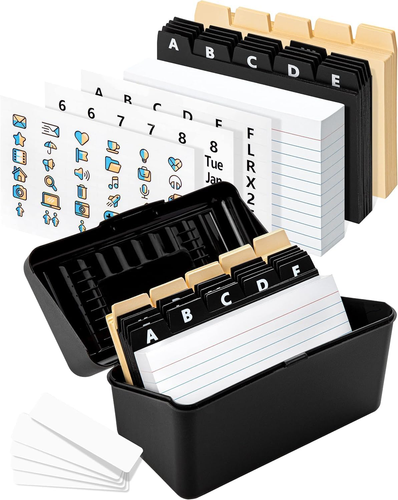 Black Index Card Holder 4X6 - Index Card Box with Index Card Dividers, Ruled Car