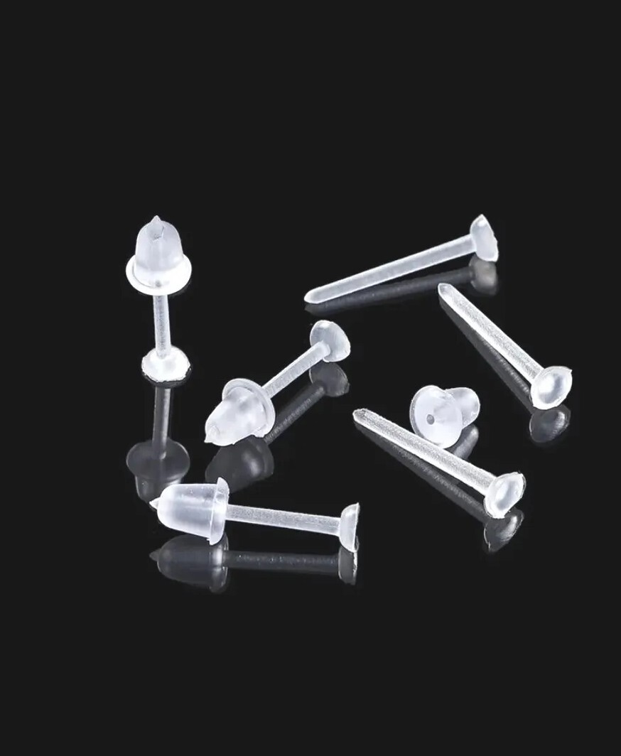 10 Pairs Round Clear Plastic Earrings and Rubber Backs 4mm Hypoallergenic