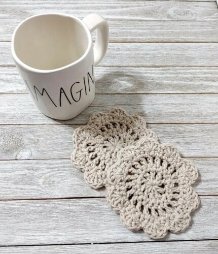 crochet farmhouse coasters Doilies Handmade 4.5 Inch 2 piece set beige brown - Picture 1 of 2