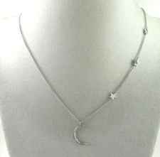 .925 Sterling Silver Moon & Stars Station Necklace w/ Cresent Moon Pendant CZ