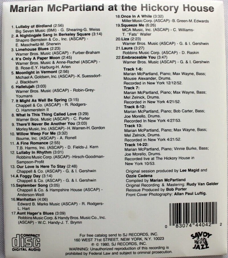 MARIAN MCPARTLAND AT THE HICKORY HOUSE [USED CD] SAVOY JAZZ OG Foto 2 de 2