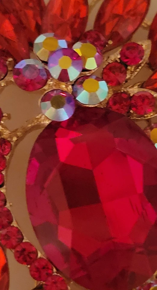 Enorme broche broche flor estrás vidrio rojo impresionante vacaciones de 4" CA EE. UU. E33 Foto 4 de 4