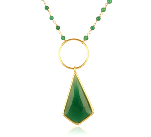 Beaded Chain Fancy Necklace Yellow Gold Kite Pendent Necklace With Green Onyx - Picture 2 of 5