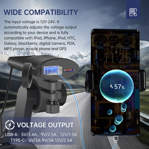 Mobile Phone GPS USB Charger Fast Charging Motorcycle Handlebar Mount Holder - Photo 6 sur 18