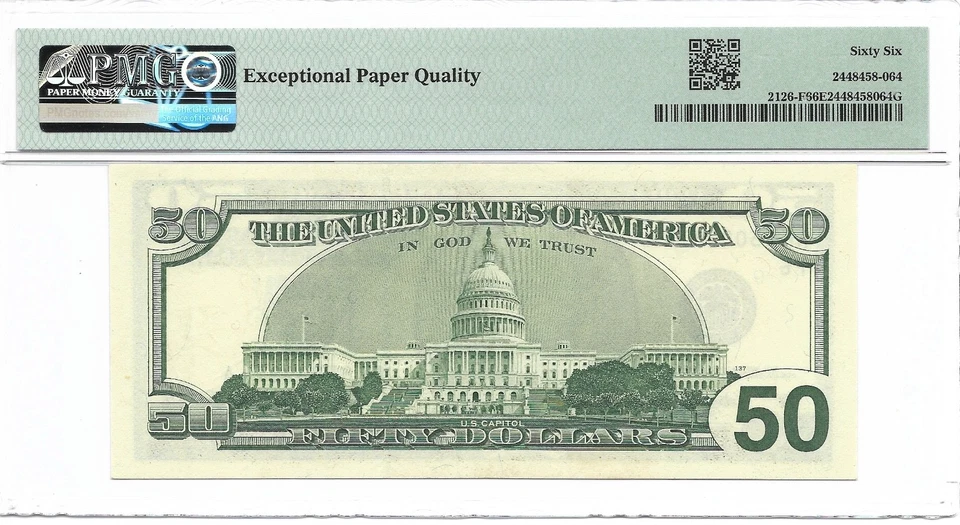 1996 $50 ATLANTA FRN. PMG GEM Uncirculated 66 EPQ Banknote. - Image 2 of 3