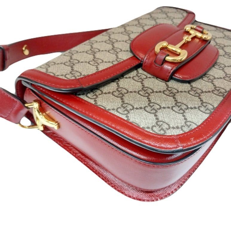 Gucci Red GG Supreme Gold Horsebit 1955 Leather Trimming Shoulder Bag 133469324