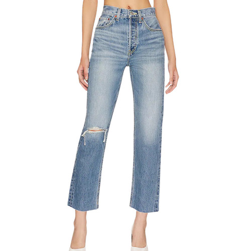 RE/DONE 70s Ultra High Rise Stove Pipe Jeans Worn Crystal Blue Size 25 - Picture 1 of 10