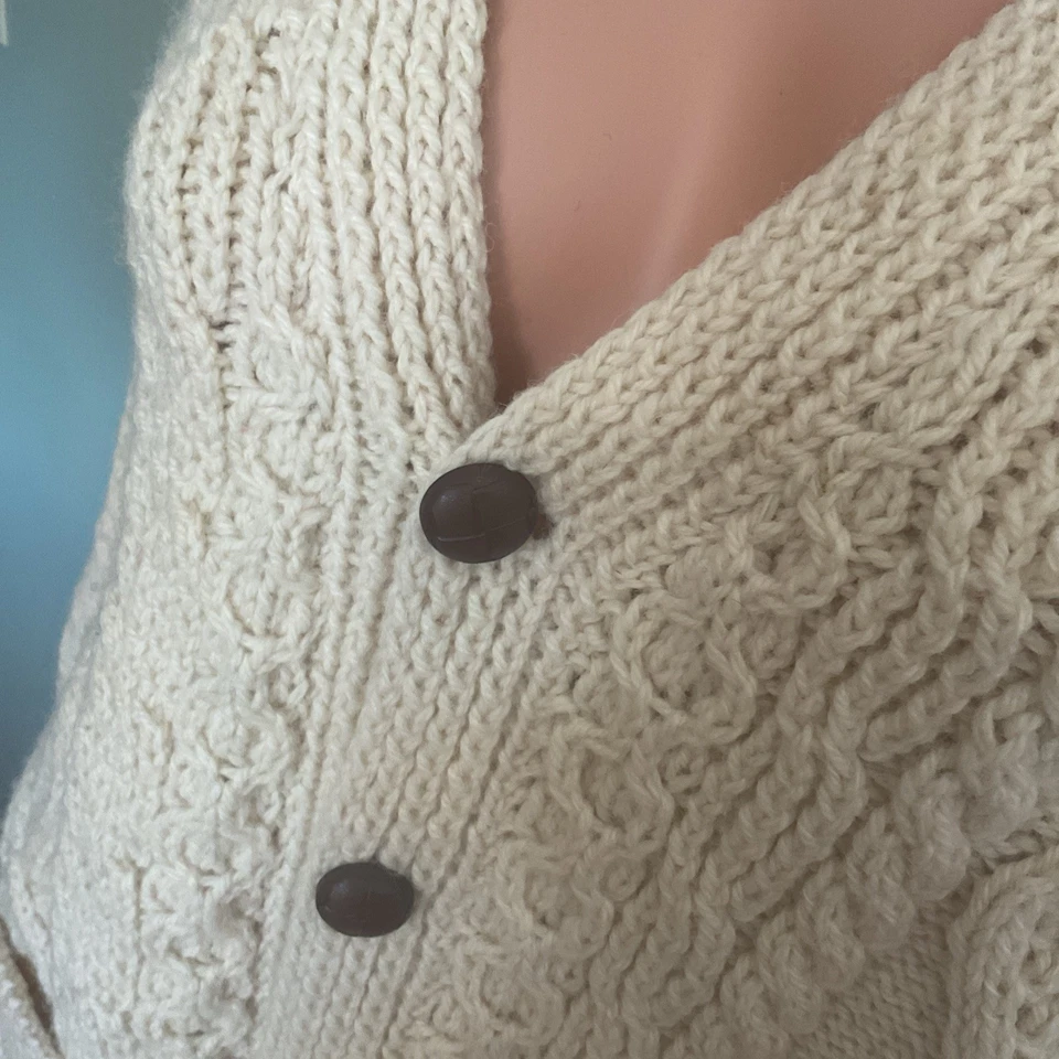 Cárdigan tejido a mano 100 % lana Aran crema XL Irlanda pescador suéter Foto 2 de 4