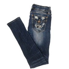 Miss Me Jeans Womens 26 26x33 Blue Skinny Taper Embroidered Ripped DK 483B EUC