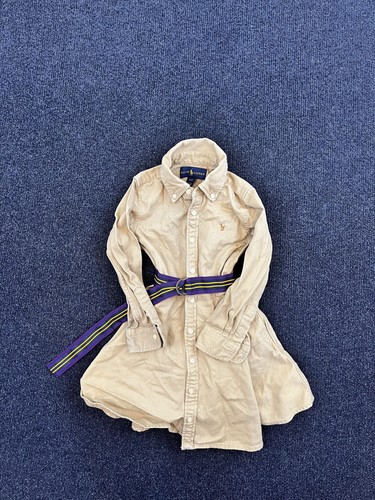 Ralph Lauren Hemdblusenkleid Mädchen 4T Beige Langarm Button Down Gürtel Polo Pony