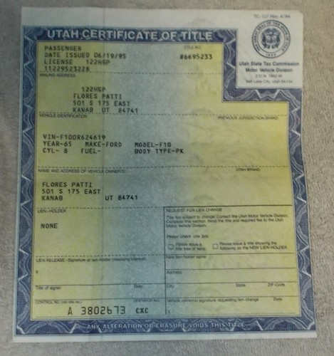 Vintage Historical UTAH Title, Paper Document 1965 FORD Model - F10 TK 06/19/95