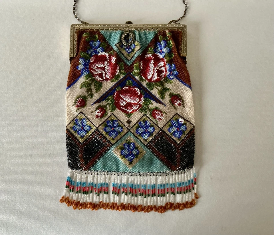 Старинный микро бисером сумка сумочка с розами и бахромой Германии 1920-х ар-деко ExC - Изображение 2 из 4
