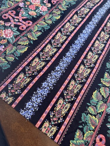 Vintage Baumwolle Quilt Stoff Streifen Floral auf Schwarz Victorian Springs Ind. 1 YD - Bild 4 von 11