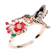 Anello In Argento Sterling 925 Smalto Uccello Fiore 20x11mm Gioielli Misura 7.5