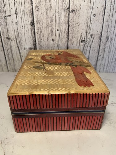 Vintage Papagei Holz Schmuckschatulle handgefertigt rot innen 5" L x 3,75" 2 x 2" H - Bild 5 von 5