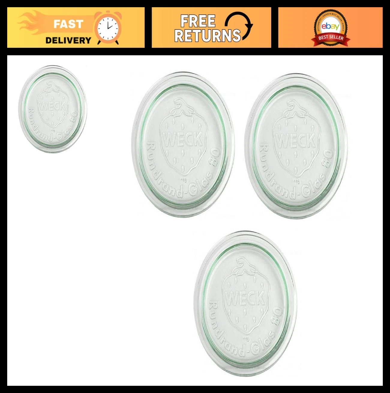 3 Pack 100mm Replacement Glass Lids for Weck Jars - Fits Models 738-748, 974