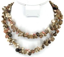 Vintage Natural Sea Shell Boho Beach Necklace Multi Strand Brown Pink Earth Tone