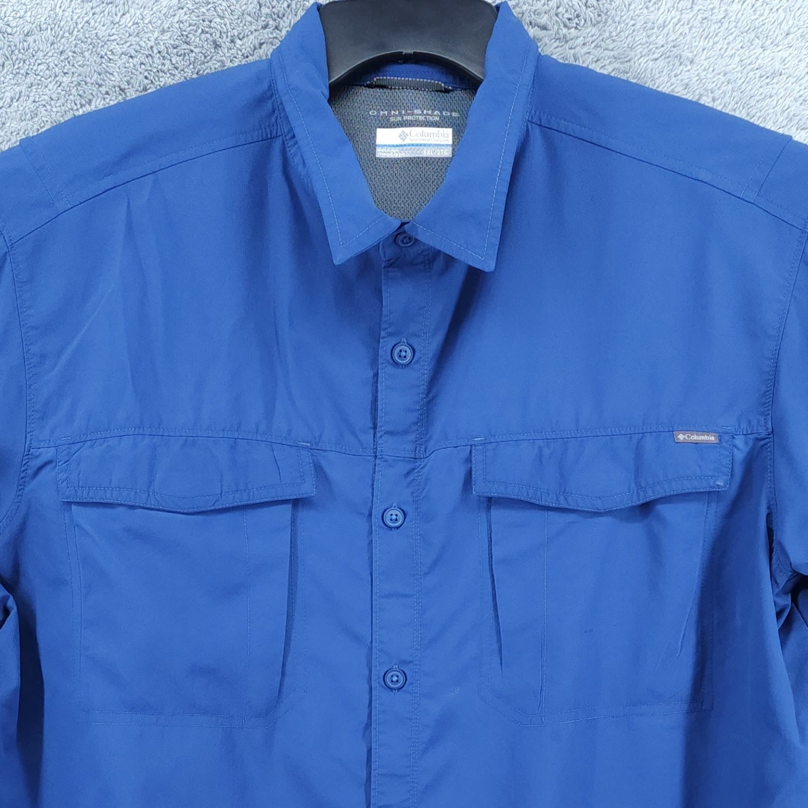 Columbia Fishing Shirt Mens 2XL Blue Omni Shade Vented Pockets Long Sleeve