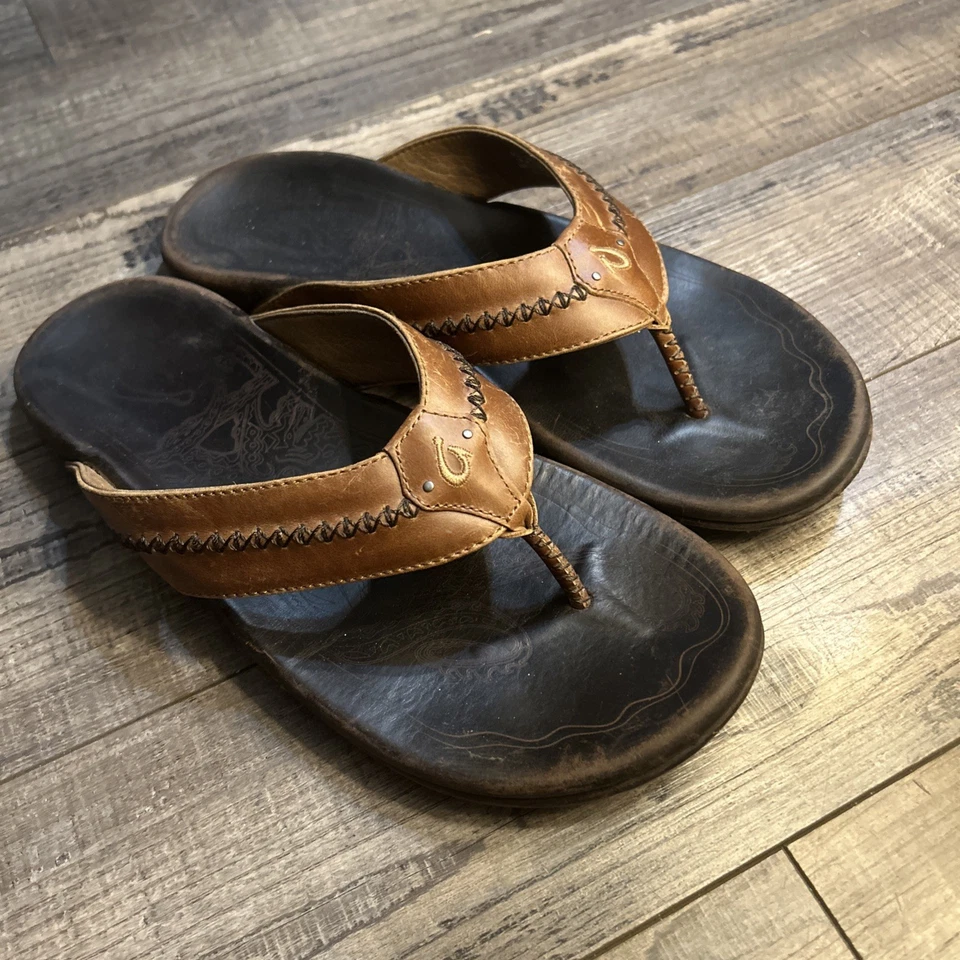 Olukai Mea Ola Flip Flops Mens 12 Brown Leather Sandals - Image 2 of 4
