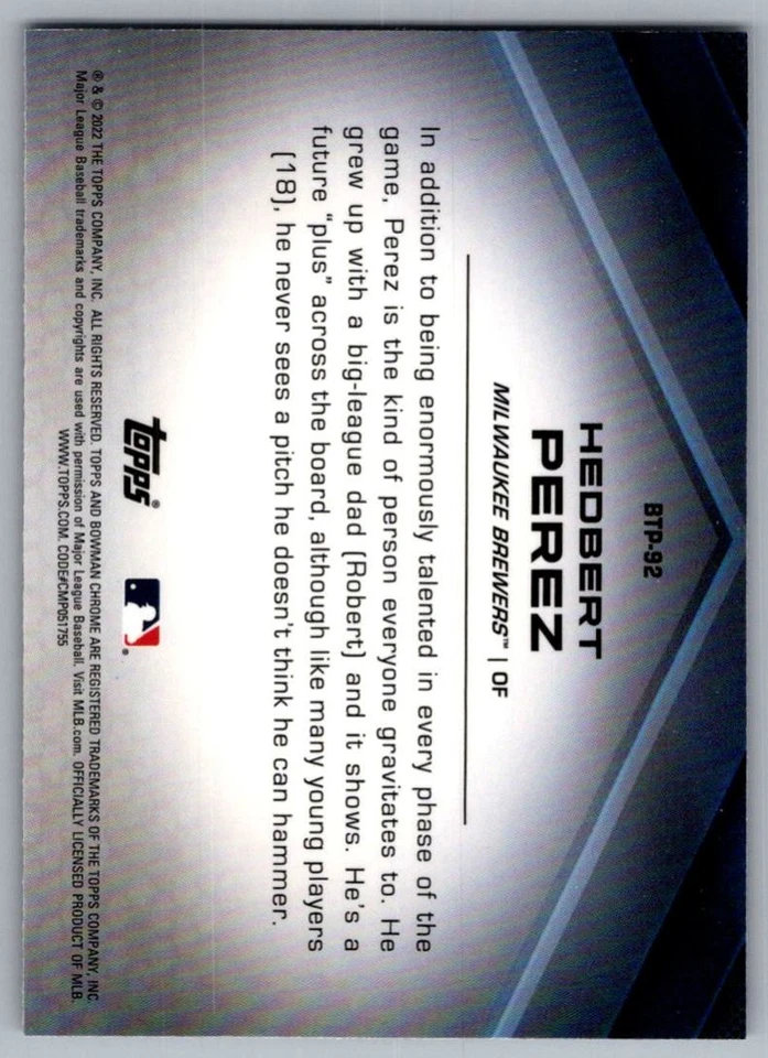 2022 Bowman Scouts' Top 100 Hedbert Perez Milwaukee Brewers #BTP-92 - Image 2 of 2
