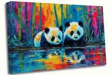 Panda Young Cubs Colourful Abstract Canvas Print Wall Art Picture