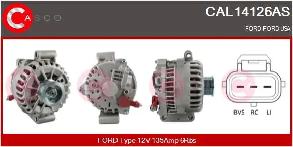 Alternatore con puleggia cinghia Poly-V CAL14126AS CASCO per FORD USA