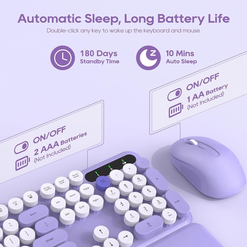 Wireless Keyboard and Mouse Combo, Cute Round Keycaps, Full-Size Retro Typewr... - 第 4/9 張圖片