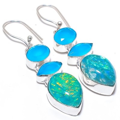 Triplett Feueropal Onyx Edelstein 925 Sterlingsilber Schmuck Ohrring 2,2 Zoll