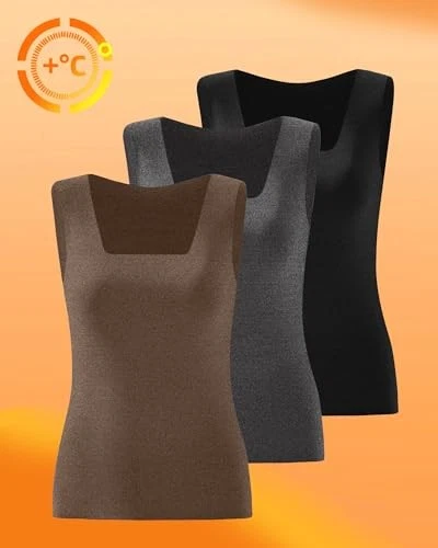 3 Pack Women's Thermal Tank Tops, Fleece Large Black, Dark Gray, Warm Brown - Image 3 of 4