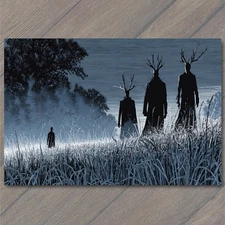Art Print Four Tall Figures Stalking Through Blue Fog Field Wearing Antlered Mas