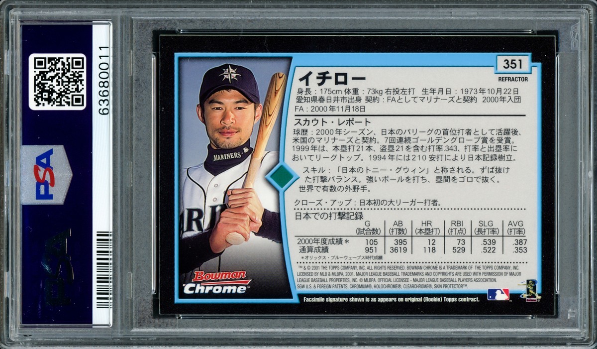 【PSA9 RC】2001 Bowman Ichiro Suzuki イチロー Ichiro Suzuki 2001 Bowman Chrome Refractor RC PSA 9 Gem 10