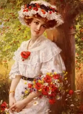 Oil painting emile vernon - under the cherry tree - beauty young girl female art
