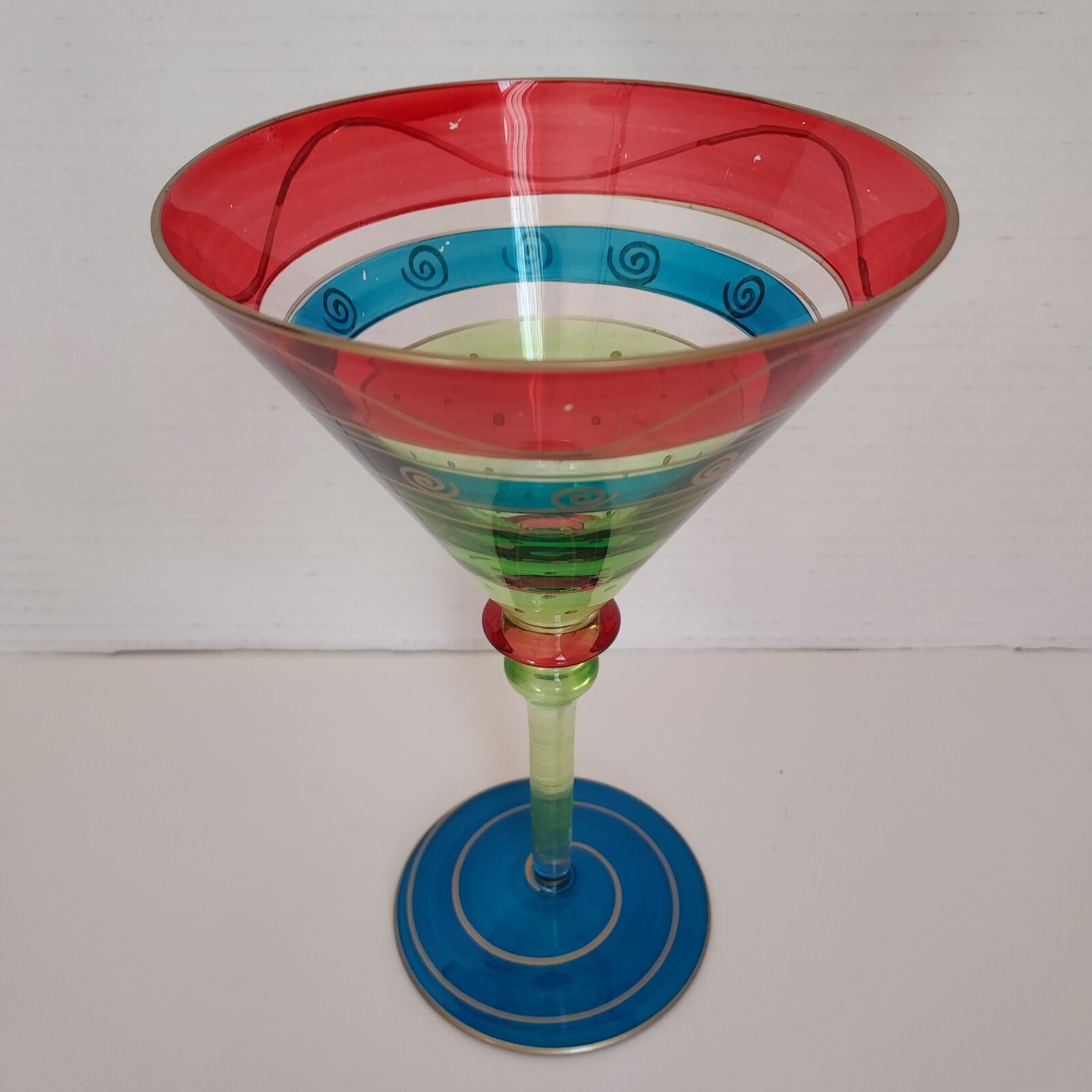 Pier 1 Martini Blown Glass Hand Painted Bands Festive Red Blue Green w/Gold Trim