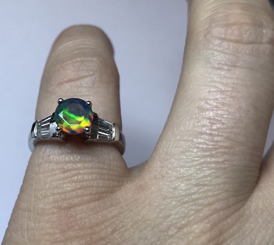 UNIQUE PLATINUM DIAMOND ROUND CUT ETHIOPIAN BLACK FIRE OPAL ENGAGEMENT RING SZ 6 image 6
