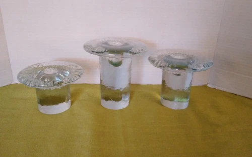 Vintage Set of 3 BLENKO MCM Candle Holders Clear Ice Glass Taper Mushroom Shape