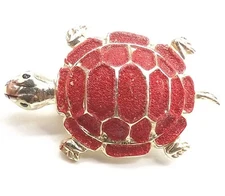 Red Enamel Turtle Shell Brooch Lapel Pin 1" Tall Small Gold Tone Rough Vintage