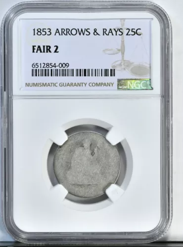 1853 25C Arrows & Rays Seated Liberty Quarter FAIR 2 F2 NGC GRADED Coin 5426