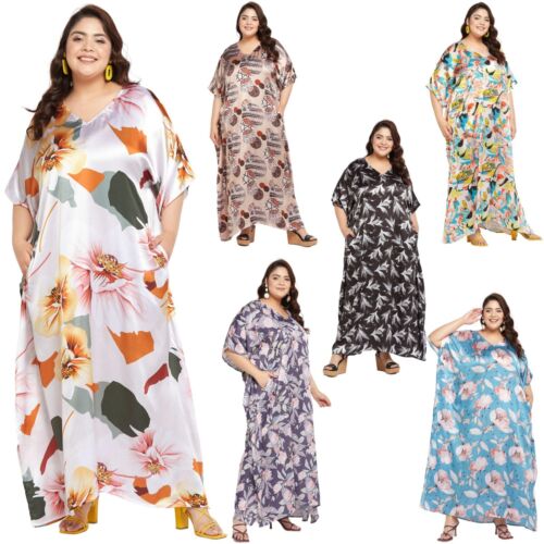 Women Satin Kaftan Plus Size Printed Kimono Caftan Hippie Boho Long Maxi Dress - Picture 1 of 41