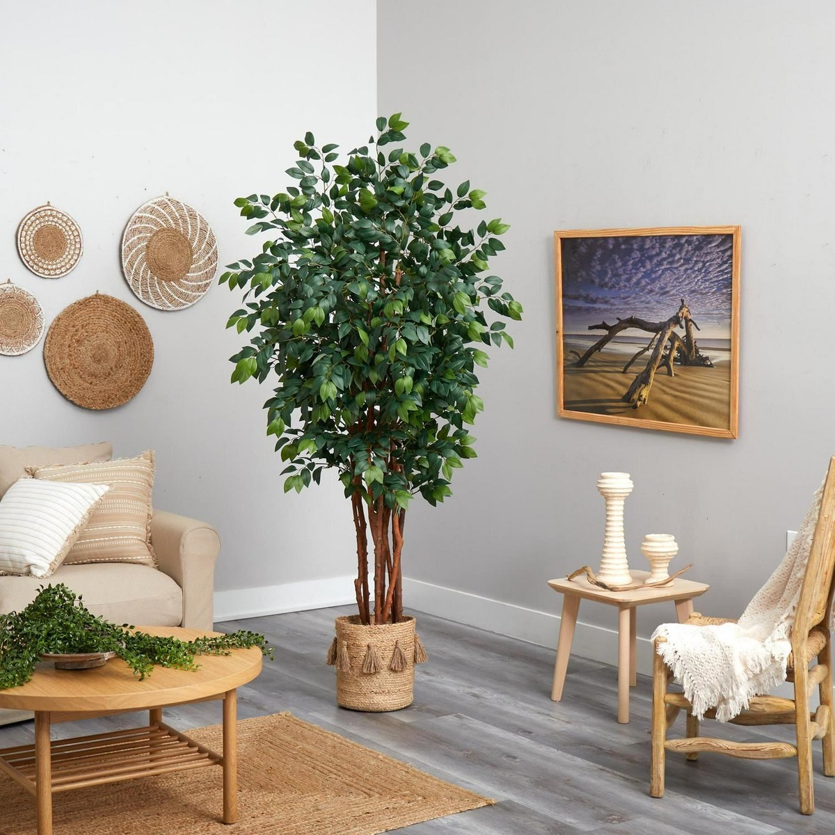 7' Sakaki Tree W/1862 Lvs In Natural Jute Planter W/Tassels