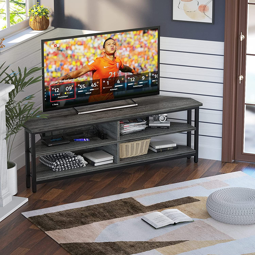 Corner TV Stand with Power Outlet, Corner Entertainment Center Media TV Console - Picture 3 of 6