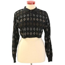 80s Vintage Cropped Wool Sweater Womens XL Polo Style Argyle Diamond Printed 14