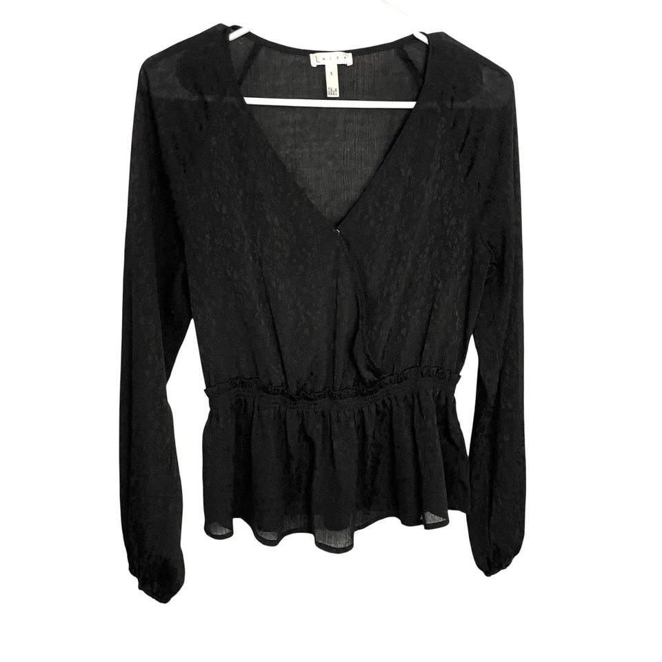 Leith Faux Wrap Blouse Top Womens S Black Crepe Peplum V Neck Raglan Long Sleeve - Image 2 of 4