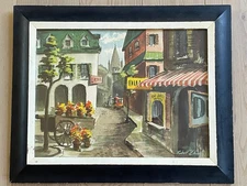 1946 Robert Chase Vintage Watercolor Print “Flower Cart” In Original MCM Frame