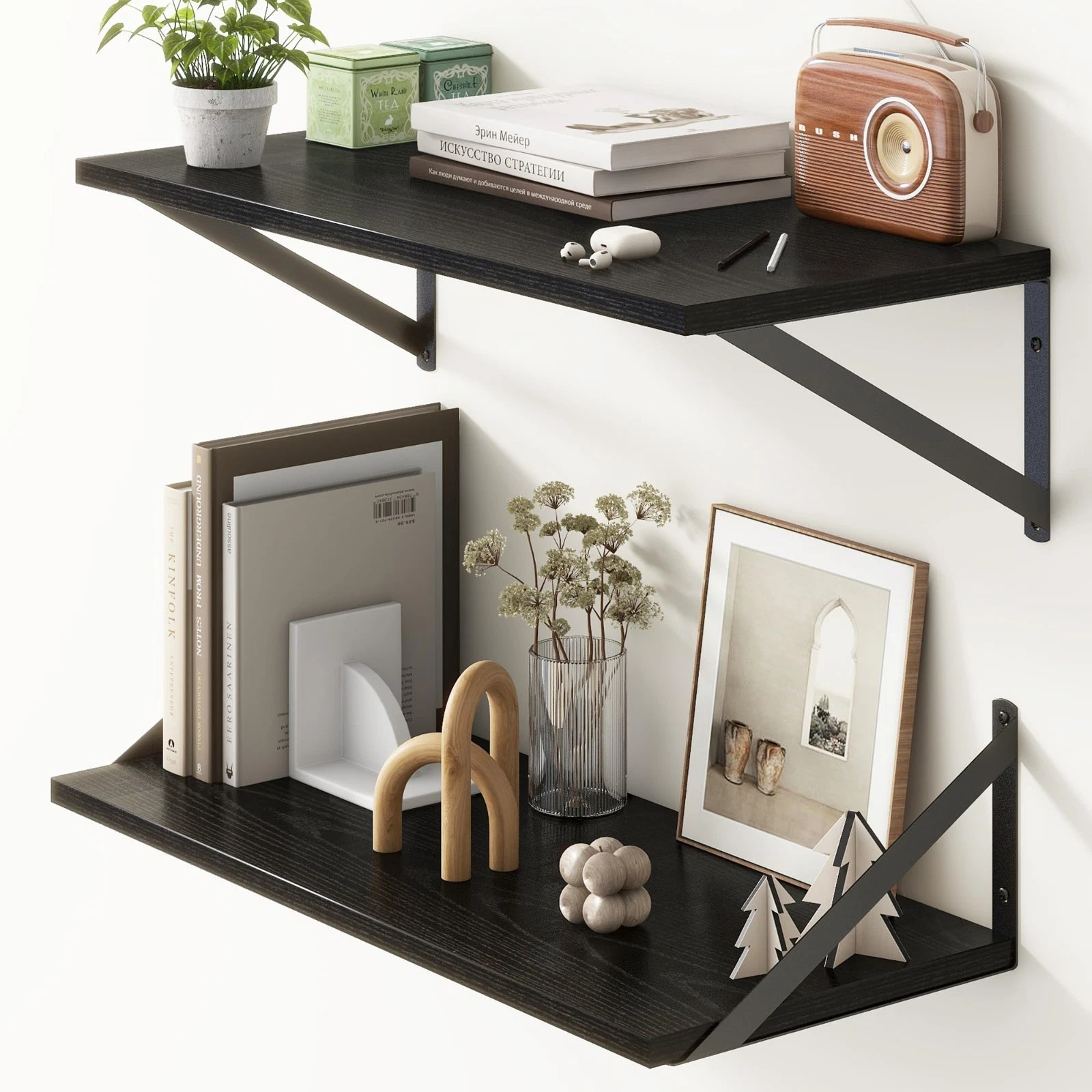 Set of 2 Deep Black Floating Wall Shelves 24” x 10” - Stylish Storage for Books
