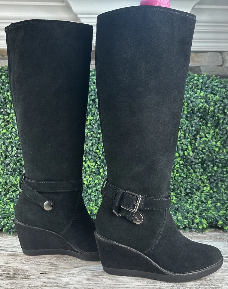 Botas altas de cuña COACH Candid para mujer 6.5B negras gamuza hasta la rodilla hebilla Foto 2 de 4