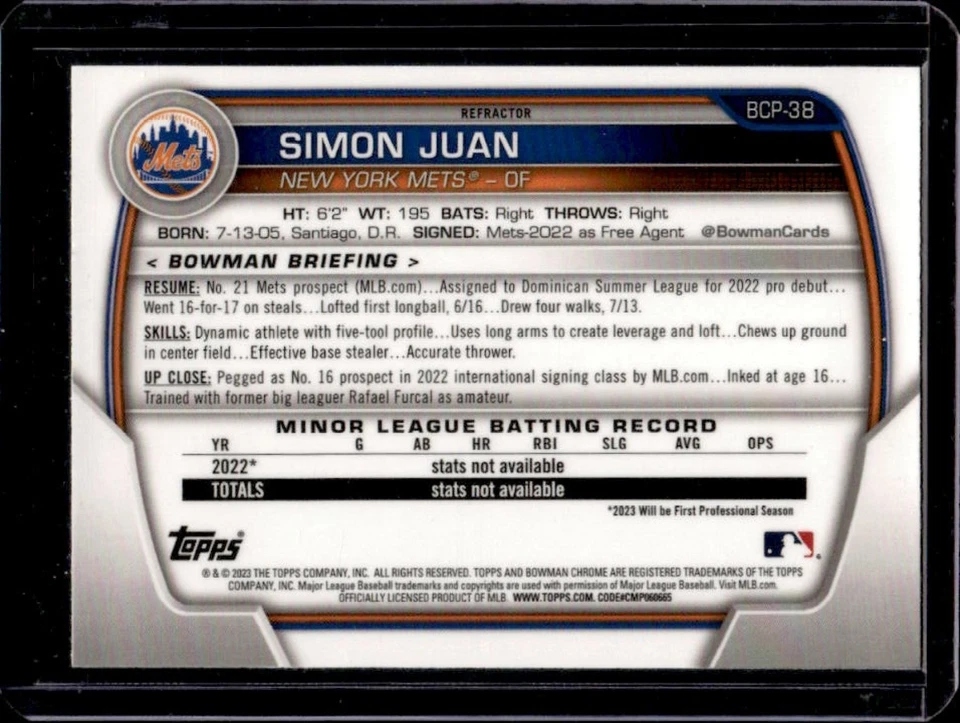 2023 Bowman Simon Juan Chrome Prospects Lunar Glow Refractor #BCP-38 Mets - Image 2 of 2