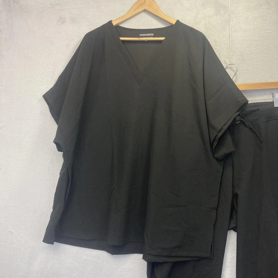Mandala Cargo Scrub Set Womens Top 5XL Pants 4XL Black V-Neck Stretch Pockets - Image 2 of 4