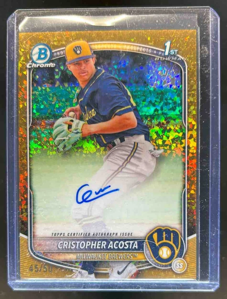 Mini refractor de diamantes Bowman Chrome Cristopher Acosta 2025 dorado automático primer #/50